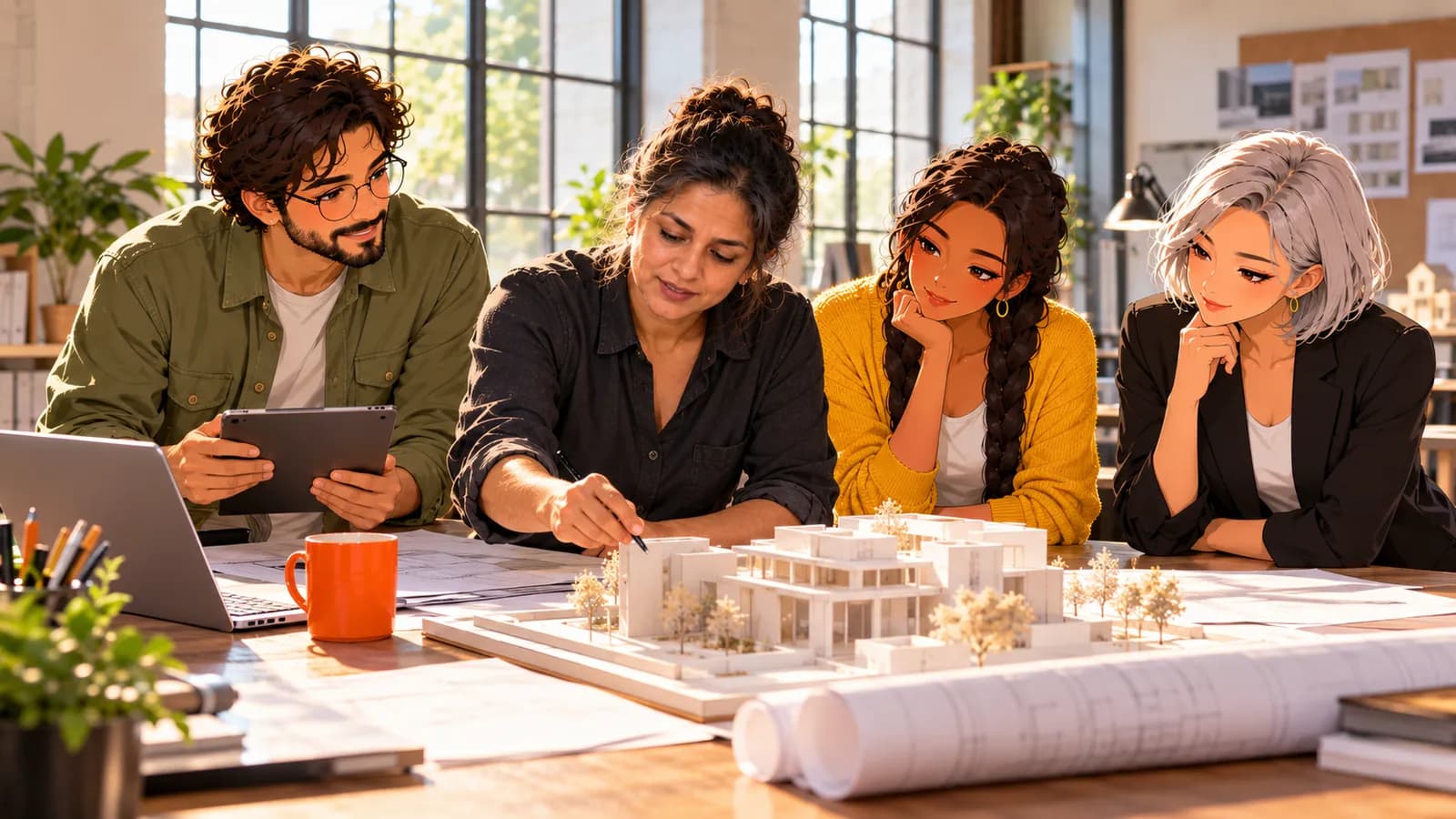An architect points at a white building model on a studio table while illustrated Brainwrite AI agents Atlas, Sage and Nova work beside her with a tablet and laptop.