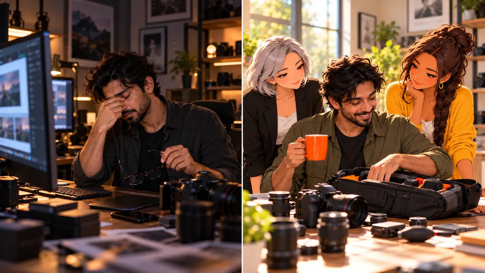 Split scene: at night a photographer rubs his eyes at his editing desk; in the morning he packs his camera bag with coffee while illustrated AI agents Nova and Sage look on.
