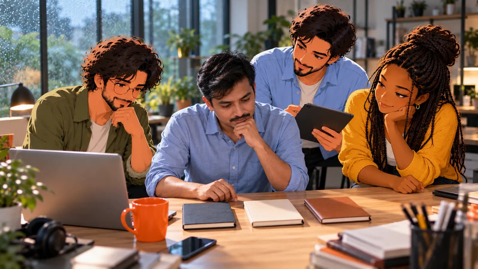 A developer compares three closed notebooks at his desk, laptop and phone beside him, while illustrated Brainwrite AI agents Atlas, Dash and Sage weigh in.
