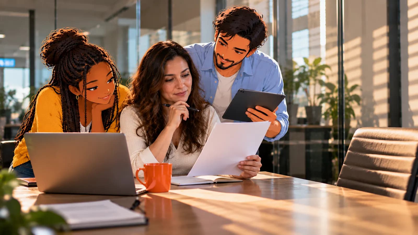 A hiring manager reads screening notes at her laptop in a glass-walled meeting room while illustrated Brainwrite AI agents Sage and Dash help.
