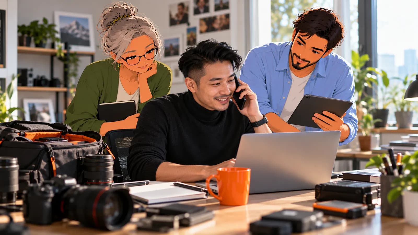 A freelance photographer on a call at his home desk, laptop open and camera gear beside him, while illustrated Brainwrite AI agents Penny and Dash line up invoice reminders.