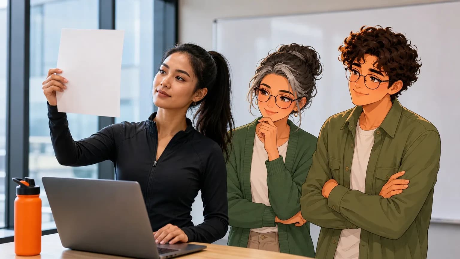 An operations director holds up a page at her standing desk with her laptop open while illustrated Brainwrite AI agents Penny and Atlas look on.