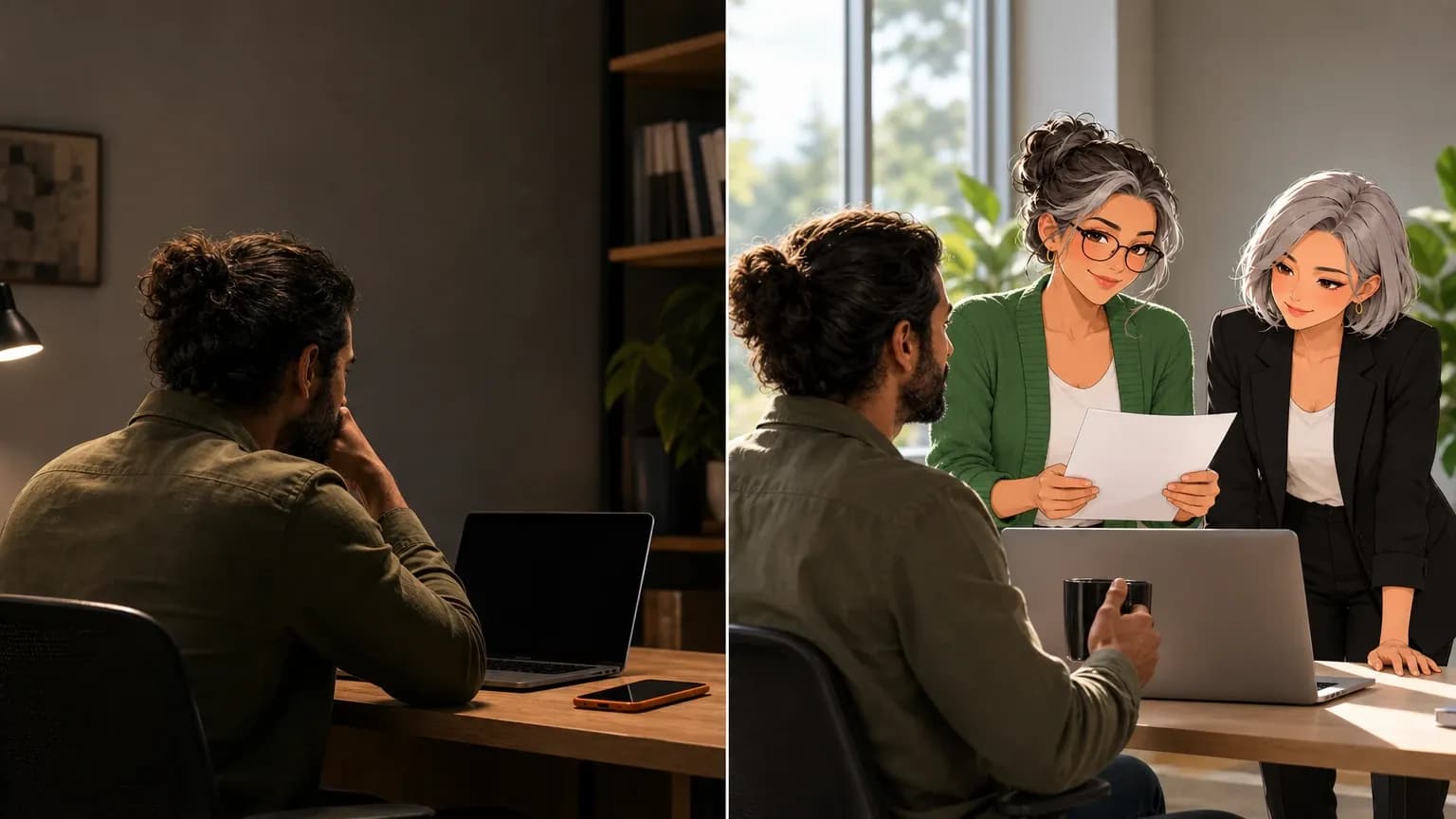 Split scene: a sales manager alone in a dim office at his laptop; in the morning illustrated AI agents Penny and Nova walk him through the pipeline.