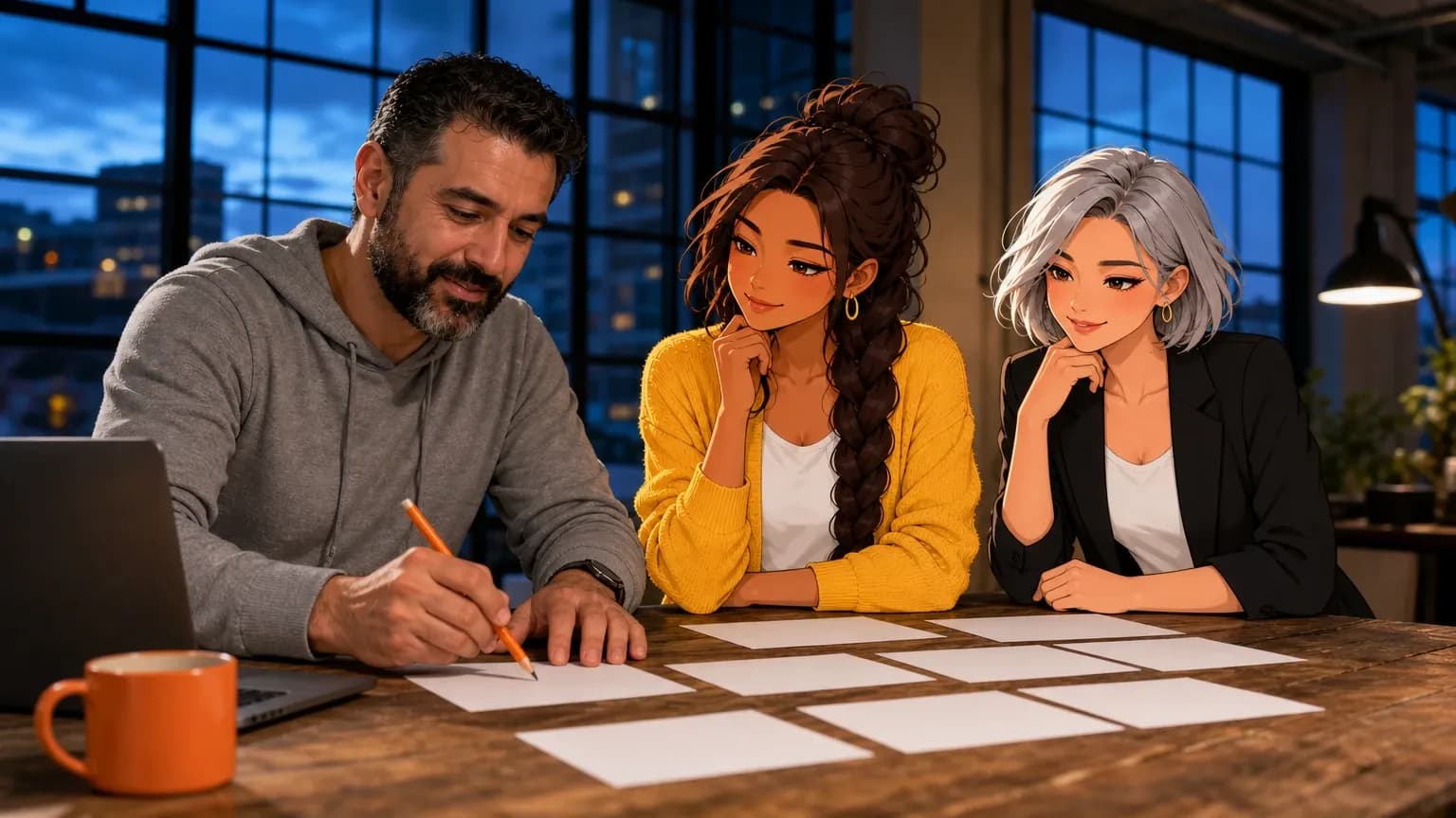A design agency owner lays out proposal pages at a studio table, laptop beside him, while illustrated Brainwrite AI agents Sage and Nova help.