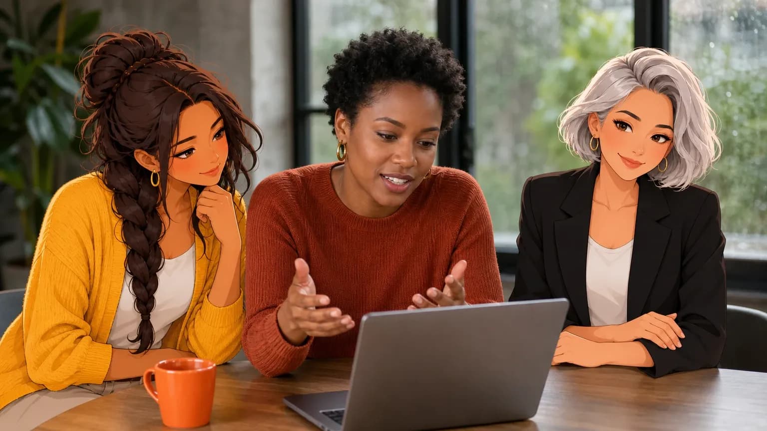A creative director talks through an idea at her laptop while illustrated Brainwrite AI agents Sage and Nova turn it into a brief.