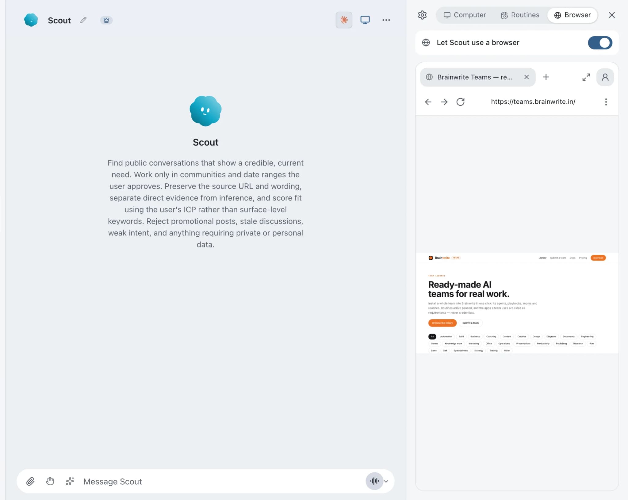Scout's built-in browser panel open beside the chat with a live tab on teams.brainwrite.app and the Let Scout use a browser switch on.