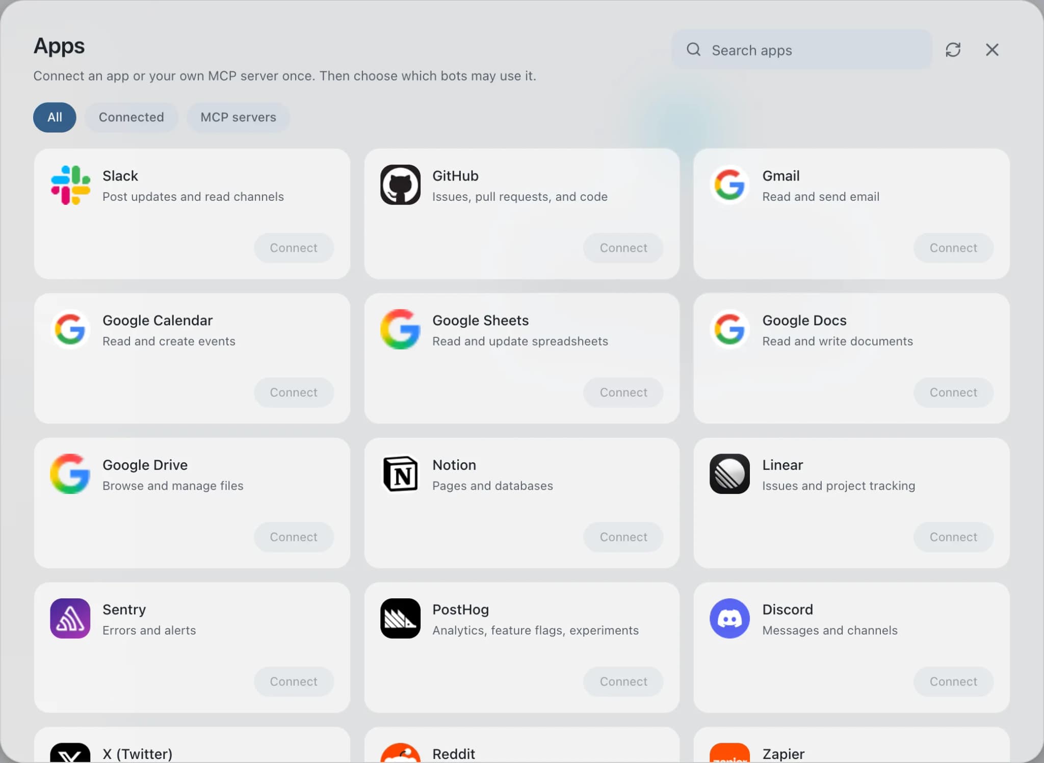 The Apps catalog: Slack, GitHub, Gmail, Google Calendar, Sheets, Docs, Drive, Notion, Linear, Sentry, PostHog and Discord, each with Connect.