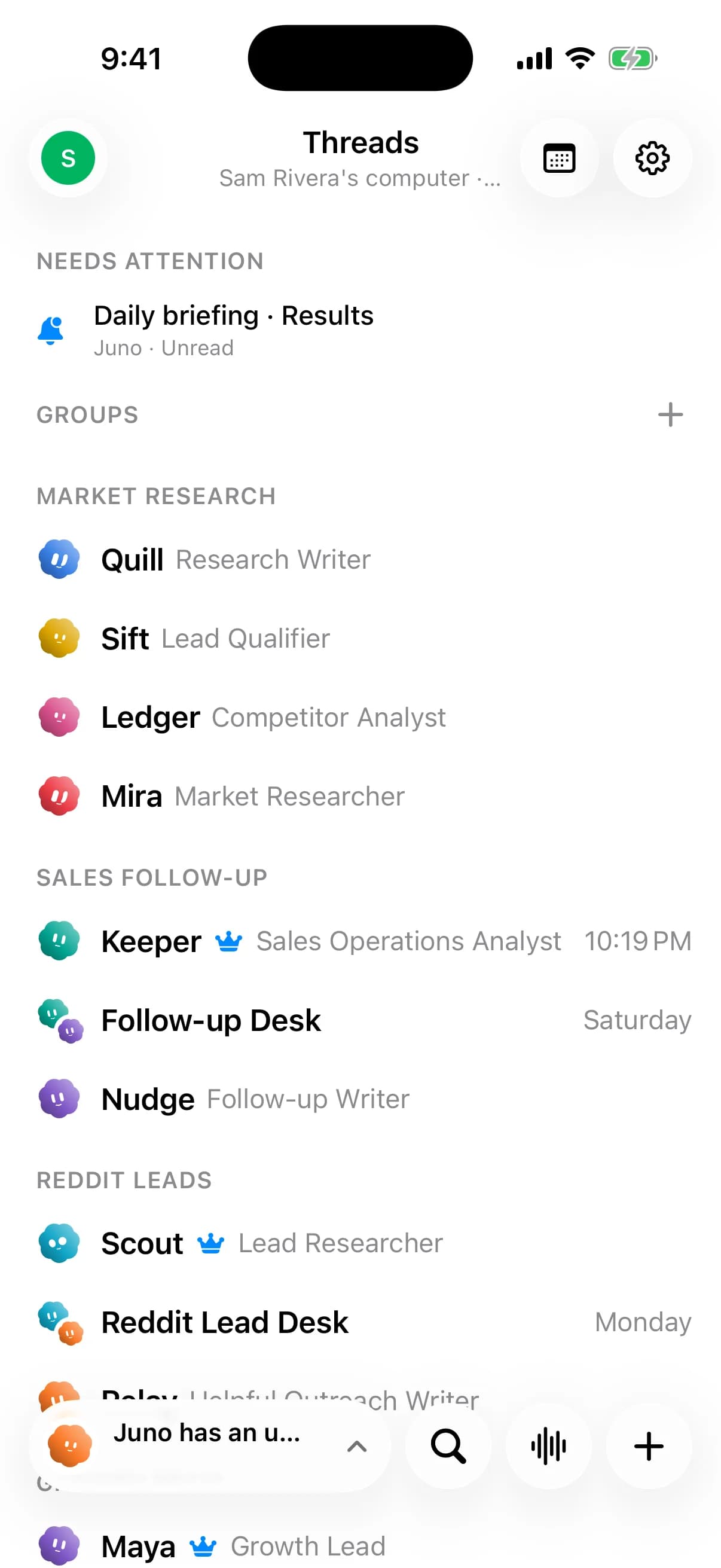 Brainwrite iPhone app thread list: a Daily briefing needing attention, bots grouped by team, and a bottom bar with search, Walkie and new-bot buttons.