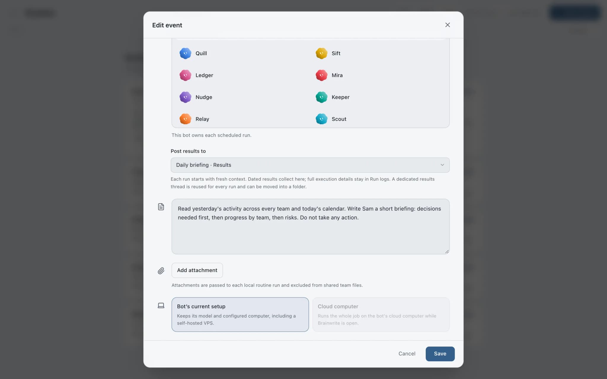 Editing the Daily briefing routine: bot picker, Post results to a dedicated results thread, the task prompt and where the run executes.