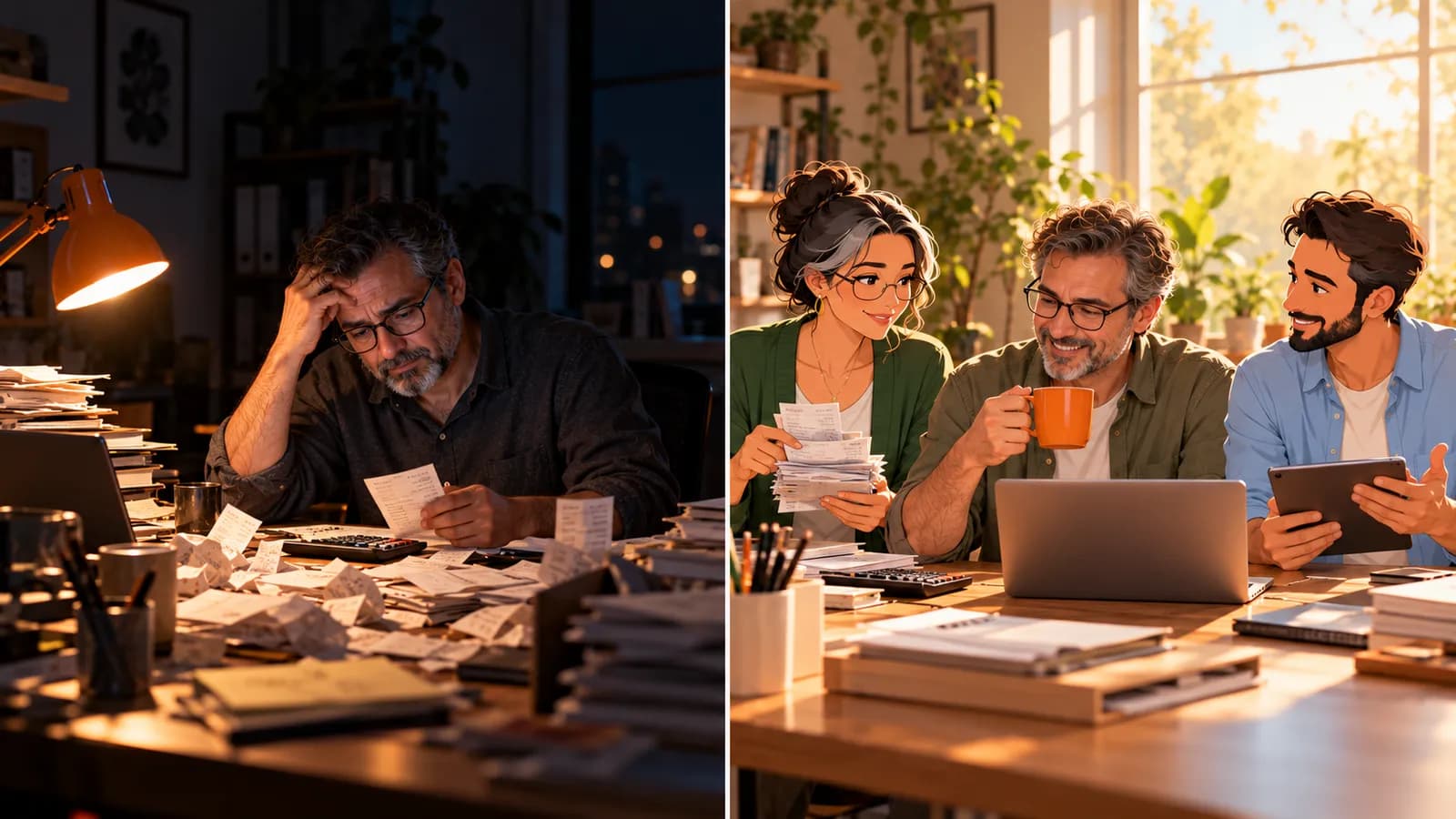 Split scene: at 11:30 pm a bookkeeper is buried in receipts; at 7:00 am AI agents Penny and Dash have sorted them for his review.