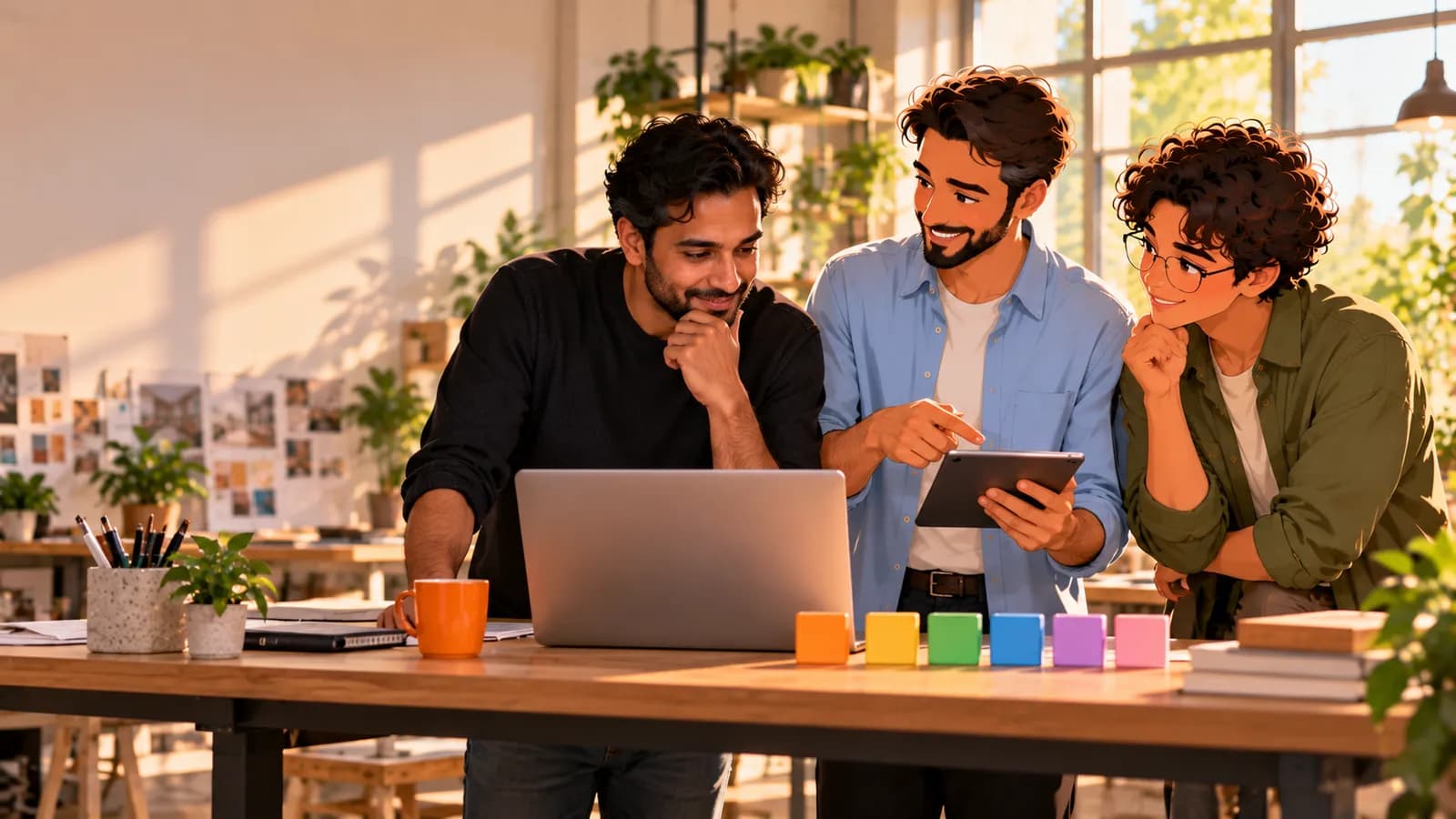 A man at a standing desk works with AI agents Dash and Atlas beside a row of colourful app tiles on the desk.