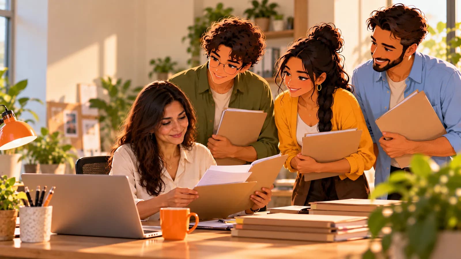 A recruiter reviews candidate files while AI agents Atlas, Sage and Dash stand by her desk holding folders.