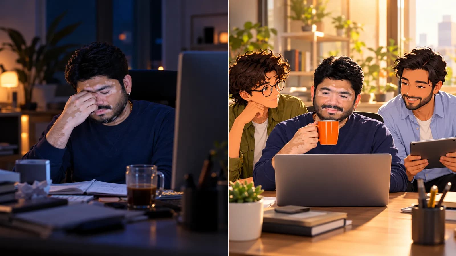 Split scene: at 11:04 pm Bhavik Fuletra rubs his eyes alone at his desk; at 7:04 am he smiles with an orange coffee mug as illustrated AI agents Atlas and Dash sit beside him.