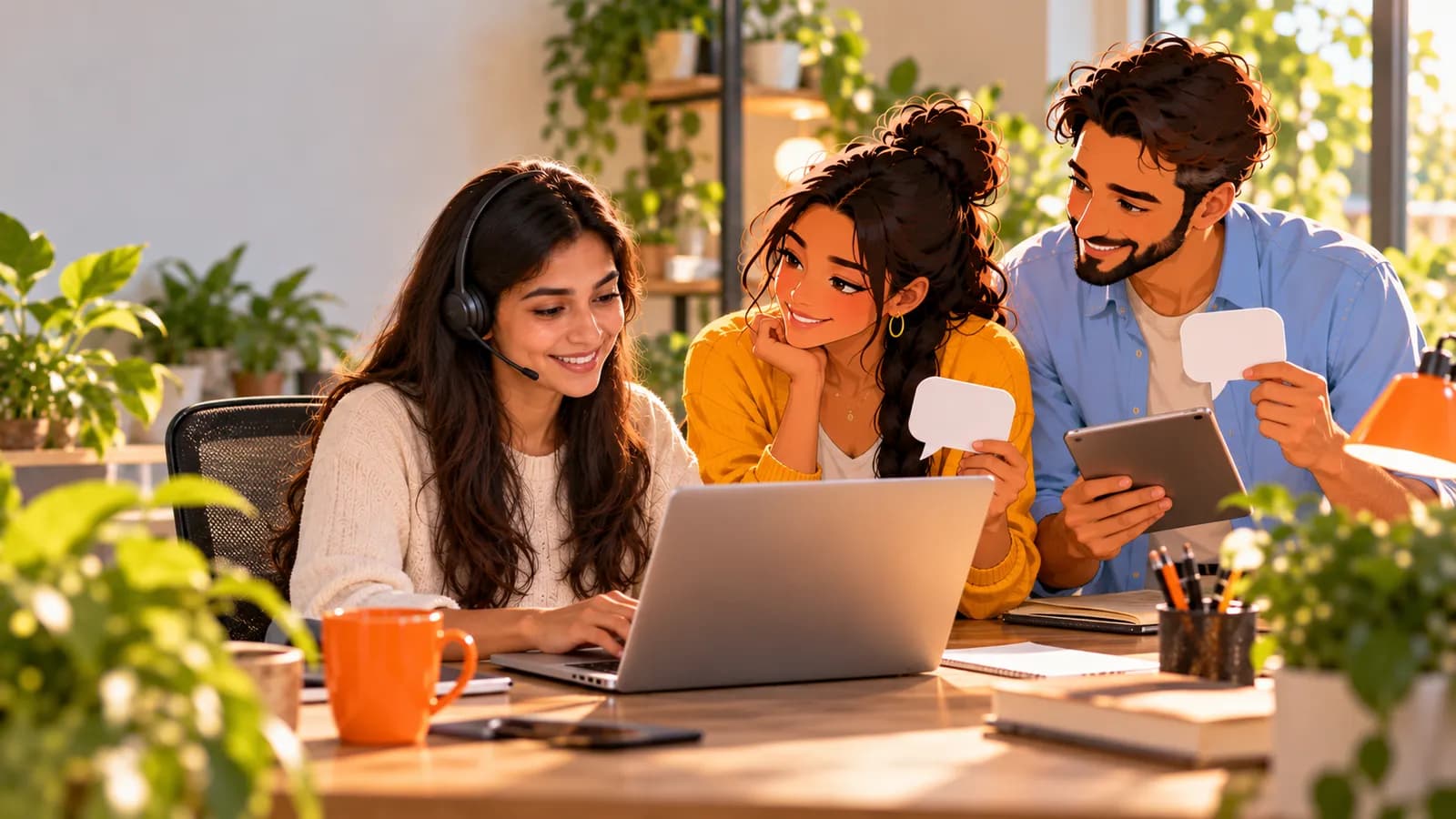 A support agent on a headset answers customers while AI agents Sage and Dash hold drafted replies beside her.