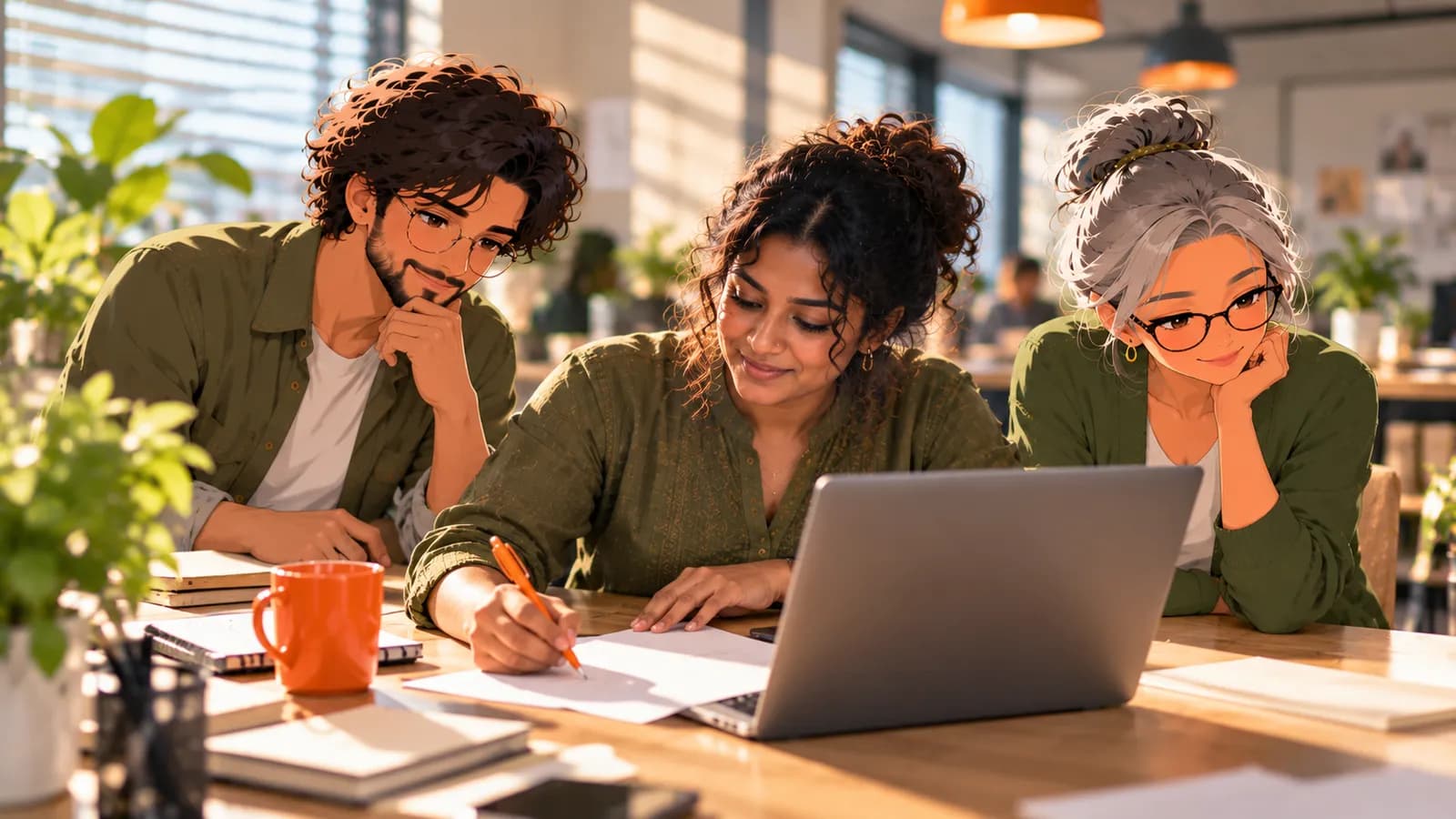 A performance marketer marks up an ad review at her laptop while illustrated Brainwrite AI agents Atlas and Penny work through the numbers.