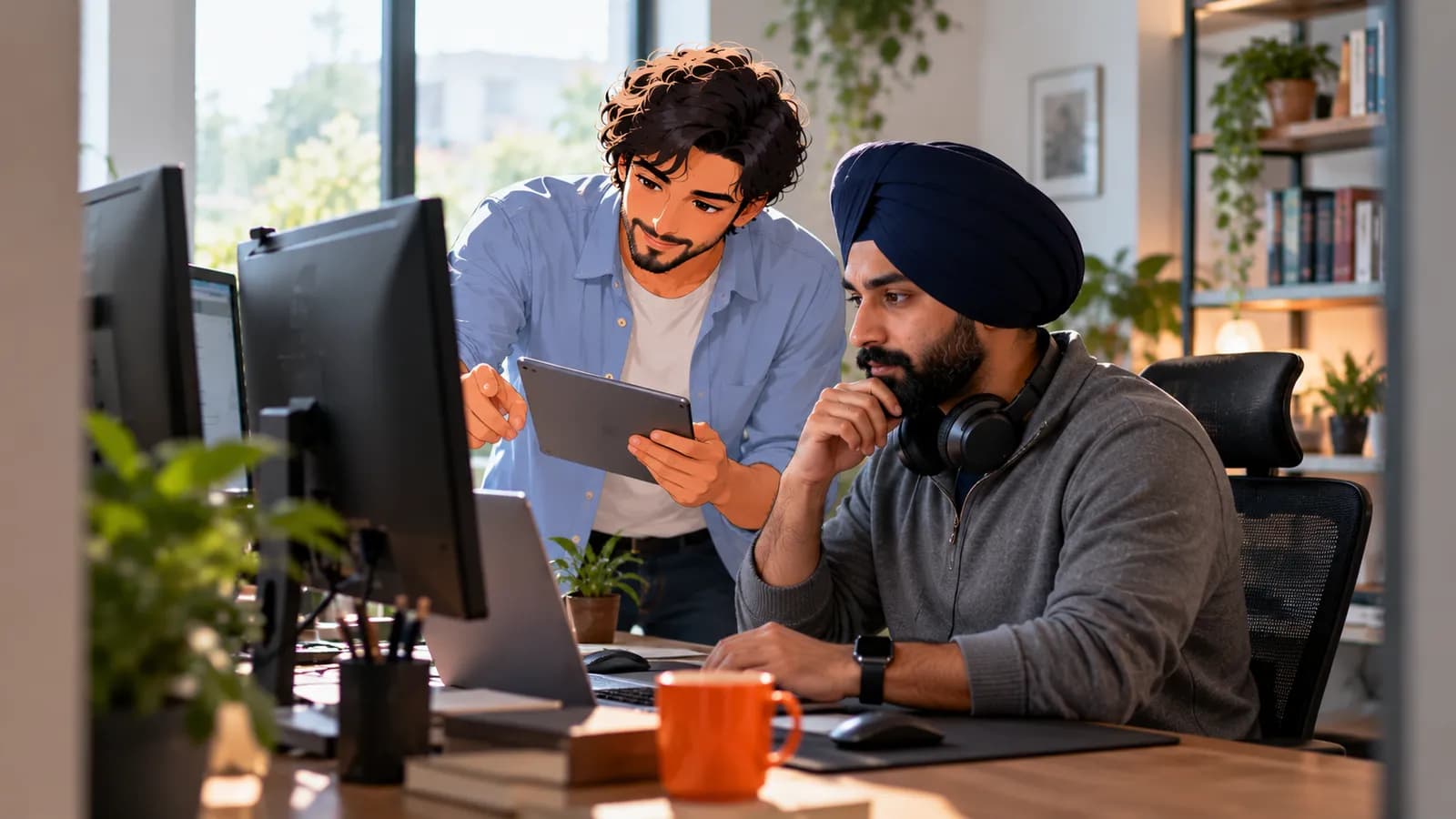A developer with headphones round his neck works through new issues at his desk while Dash, an illustrated Brainwrite AI agent, shows him a tablet.