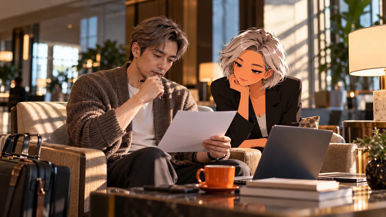A consultant reads a one-page brief in a hotel lobby armchair, laptop open, while Nova, an illustrated Brainwrite AI agent, sits beside him.