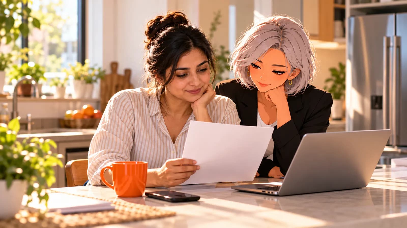 A woman reads one page at her kitchen counter over coffee, laptop and phone beside her, while Nova, an illustrated Brainwrite AI agent, reads along.