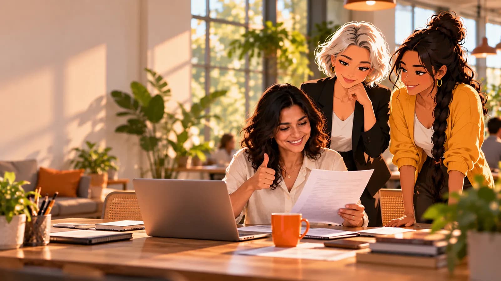 A founder gives a thumbs up over a printed report while illustrated AI agents Nova and Sage look on in a co-working space.